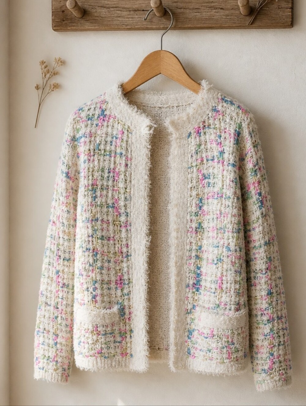 Cocobleu | Confetti Windowpane Design Cardigan Blazer w/ Fringe Detail Size M